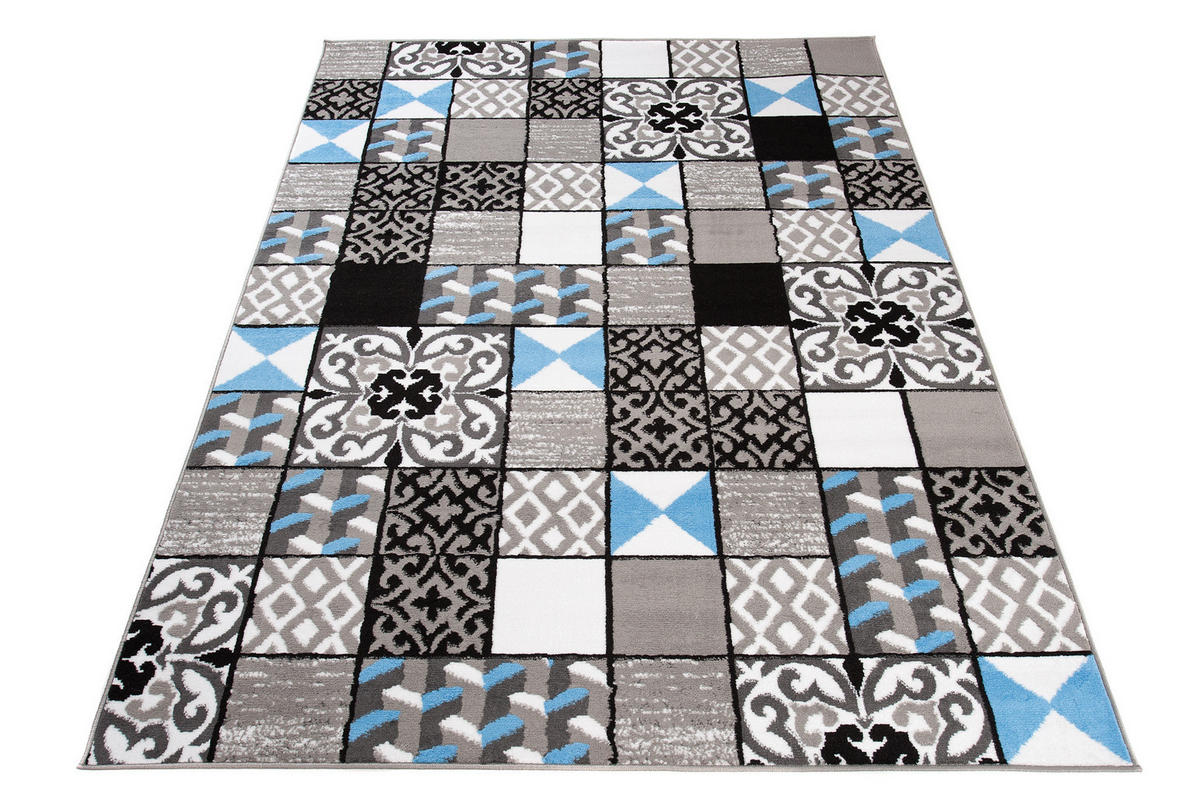 TEPPICH MAYA Blau Mosaik Karo Floral 120/170 cm - Blau, Textil (120/170cm) - Tapiso