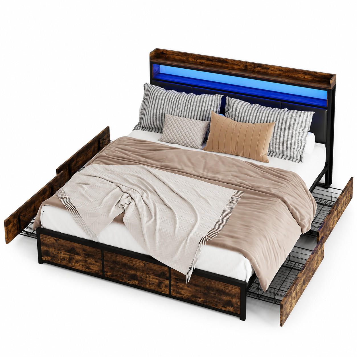 DOPPELBETT 160x200 cm mit LED-Beleuchtung und 4 Schubladen, Polsterbett mit Lattenrost - Schwarz/Naturfarben, Holz/Metall (160/200cm) - PARAFTA HOME