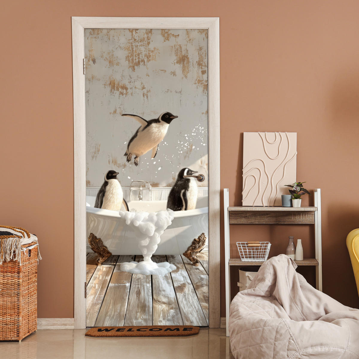 FOTOTAPETE Tür - Vintage - Pinguin - Badewanne - Schaumstoff 95x215 cm - Hellbraun, Kunststoff (95/0.1cm) - MuchoWow