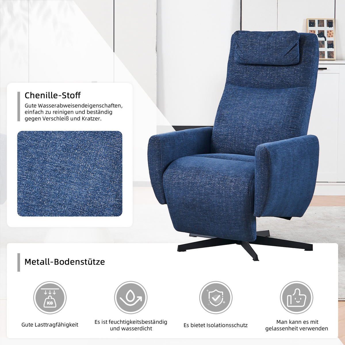 RELAXSESSEL Chenille mit Liegefunktion und 360° Drehfunktion 67/80.5/110 cm Blau - Blau, Textil (80.5/110/67cm) - Redom