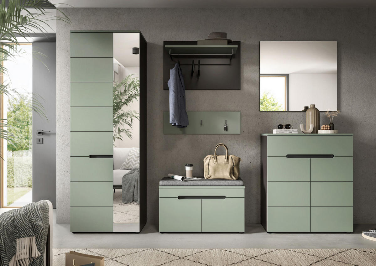 GARDEROBE inkl. Sitzkissen Nova 6-tlg. (B/H/T: ca. 255/190/37 cm) in Basalt grau/Smoke Green - Grau, Holzwerkstoff (255/190/37cm)