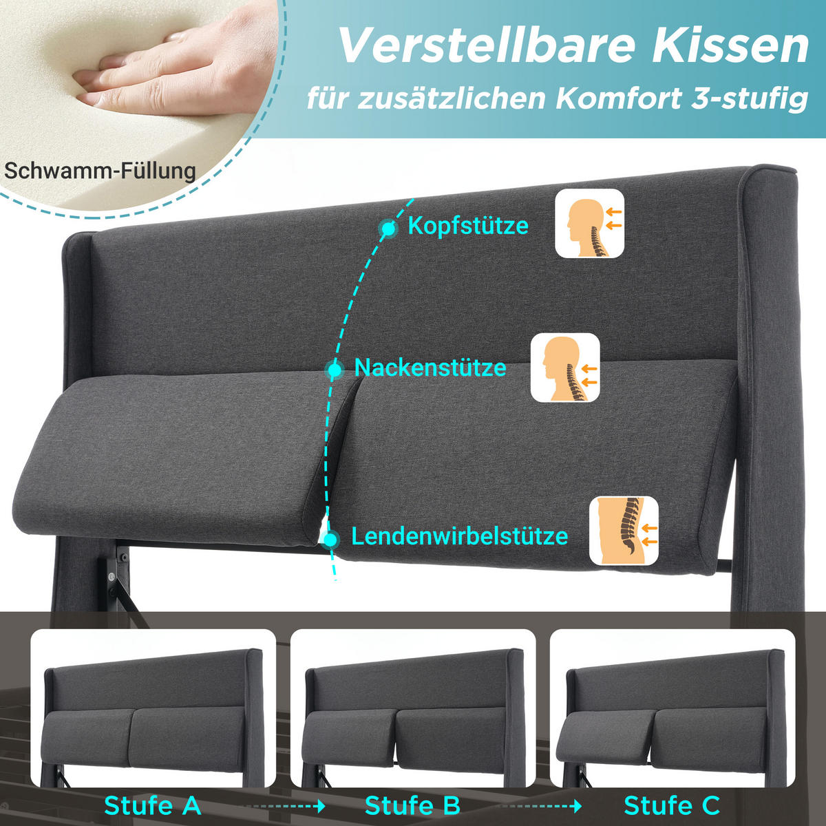 BETT 160x200cm Doppelbett Hydraulik Stauraum Verstellbare Kopfstütze Grau - Grau, Holz - FLIEKS