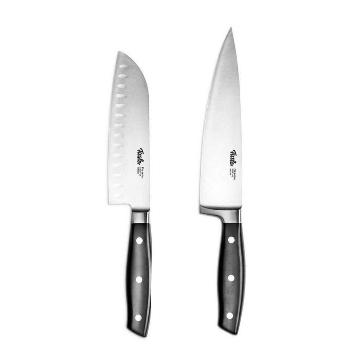 KÜCHENMESSER SET 2-tlg Schwarz, Santokumesser 165 mm, Kochmesser 190 mm, Edelstahl, Schneidemesser, Küchenzubehör, Profi Messer, Klingenstahl - Silberfarben/Schwarz, Metall - Fissler