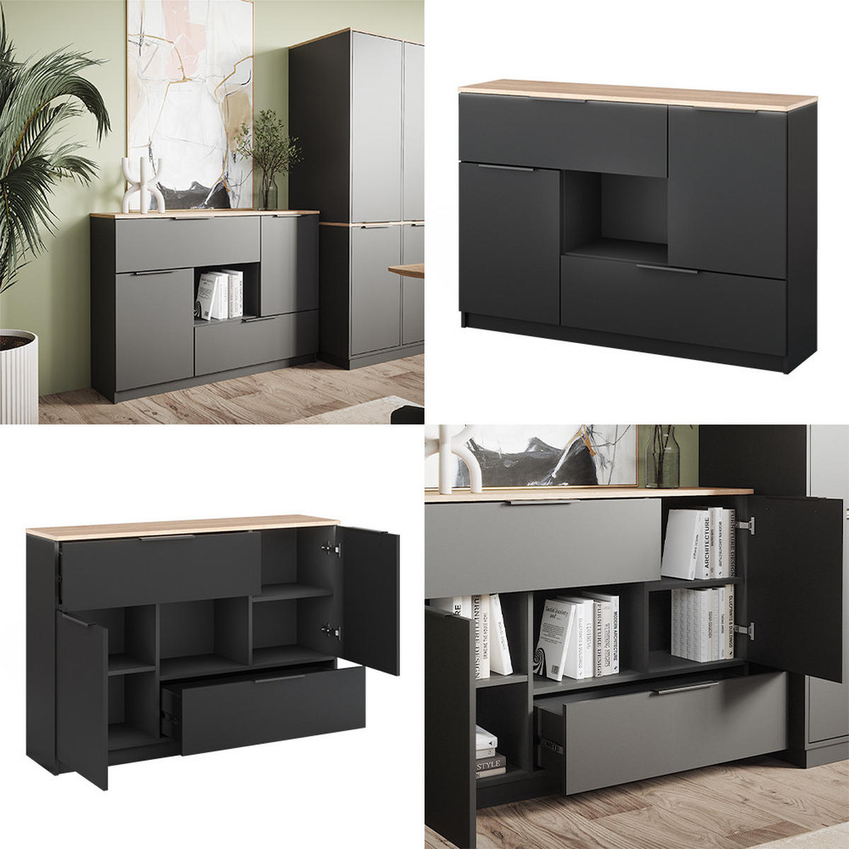 KOMMODE Betti Anthrazit 120 x 83.6 cm 2x Tür 2x Schublade und 1x offenes Fache - Anthrazit/Sonoma Eiche, Holzwerkstoff (120/83.6/30cm) - Vicco
