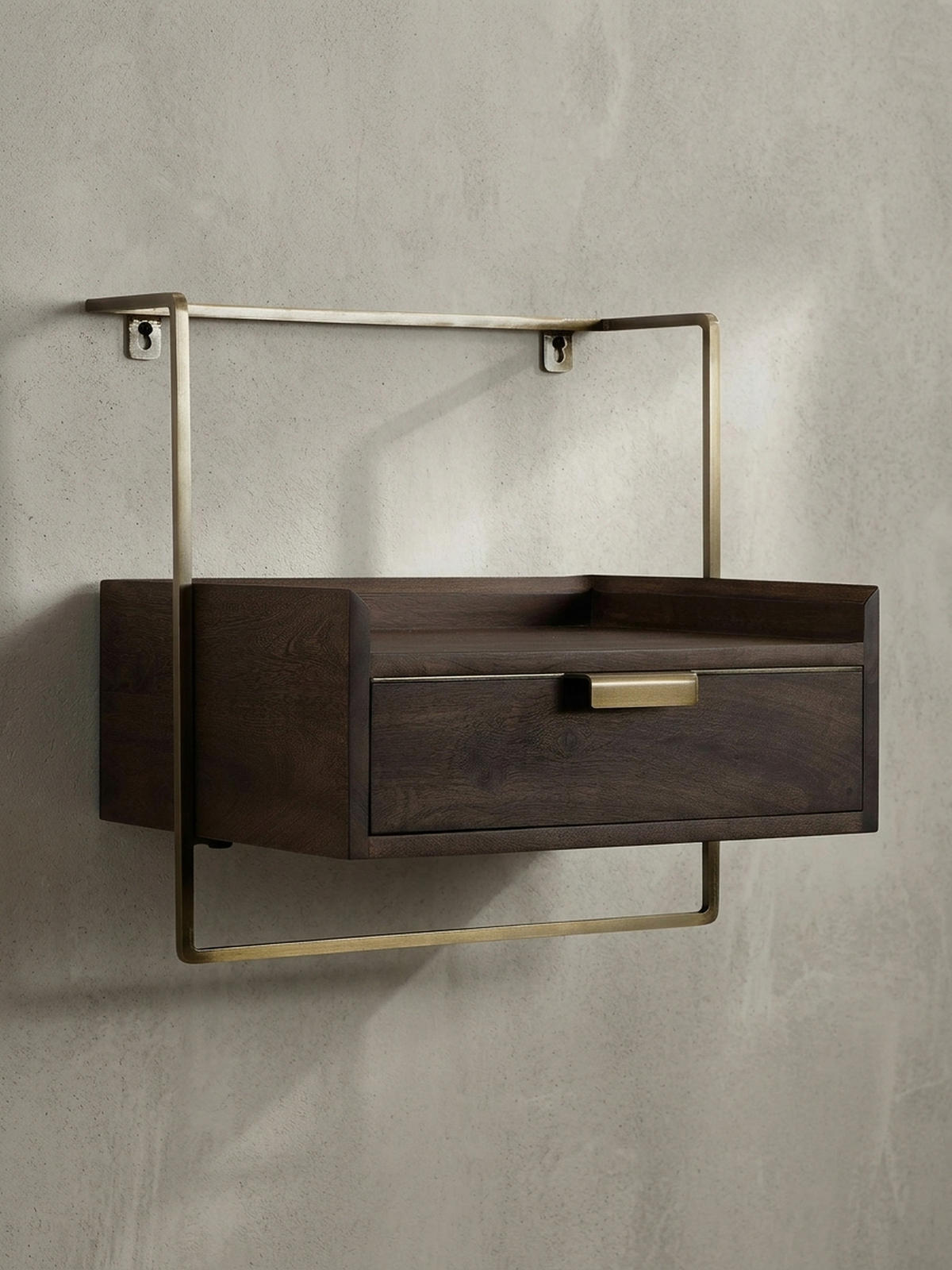 NACHTTISCH Mango Massivholz Wandmontage Schublade Boxspringbett, Braun 44x35x45 cm - Goldfarben/Braun, Holz/Metall (44/45/35cm) - KADIMA DESIGN