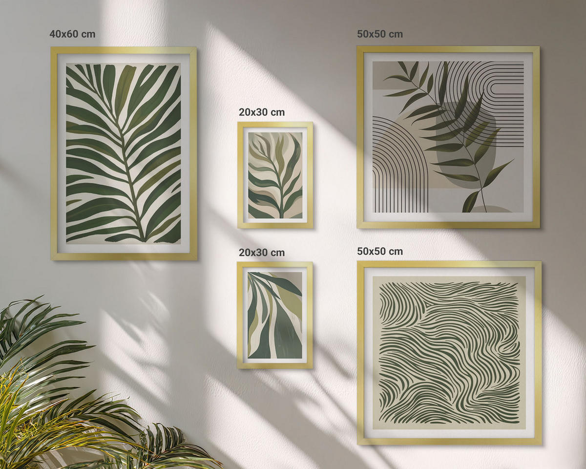 BILDER SET 5er Set - 50x50 cm & 20x30 cm & 40x60 cm Goldrahmen - Blätter, Wellen – Pastellillustrationen - Goldfarben, Kunststoff (40/60cm) - TULUP