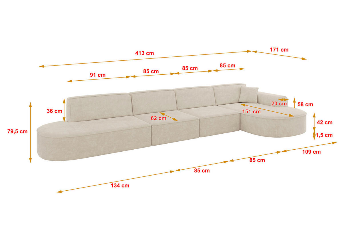 ECKSOFA Ottomane Rechts MARI-L3 - 413x171x79 cm Beige Velours - Beige/Schwarz, Holzwerkstoff/Kunststoff (171/413cm) - ALTDECOR