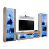 WOHNZIMMERSET TIVOLI GRANDE, 4er-Set, Eiche Wotan, LED Blau - Eiche Wotan/Weiß, Glas/Holzwerkstoff (250/159/35cm) - Komodee