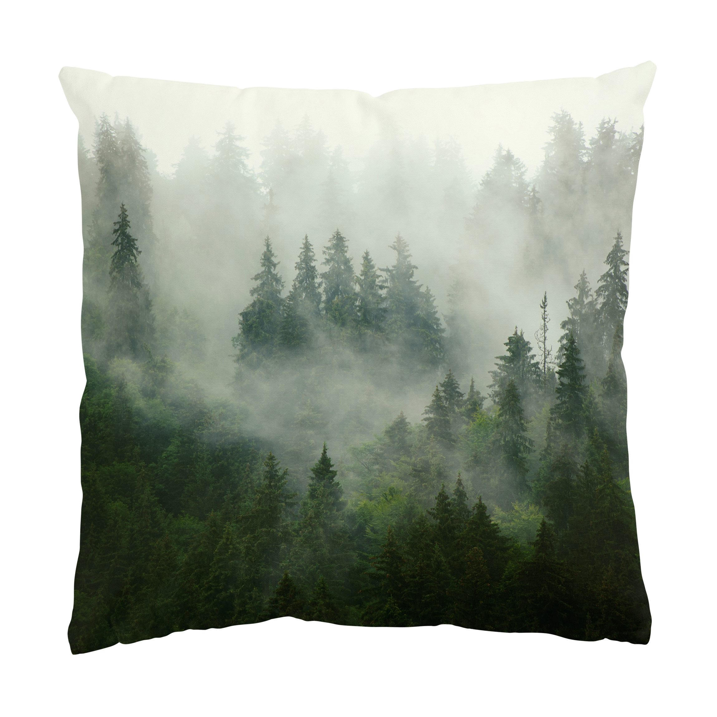DEKOKISSEN Tiefgrüner Tannenwald im Nebel 50/50 cm - Grün, Textil (50/50/10cm) - Bilderwelten