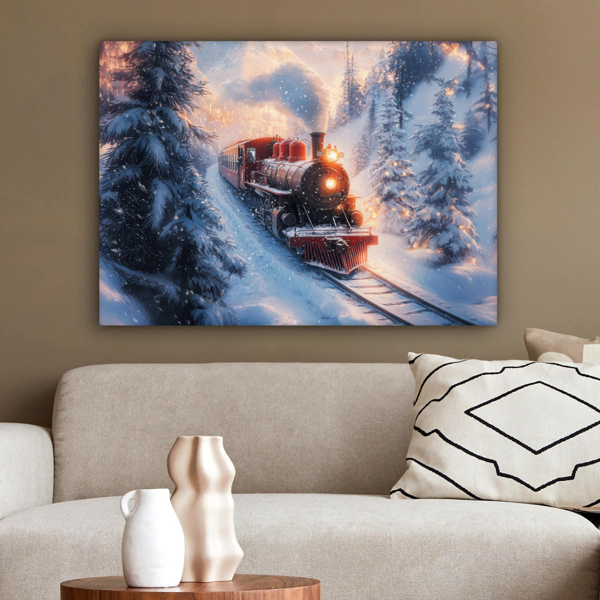 LEINWANDBILD Weihnachtszug - Schnee - Winter - Weihnachten Wandbilder 80x60 cm - Dunkelrot, Textil (80/60cm) - MuchoWow