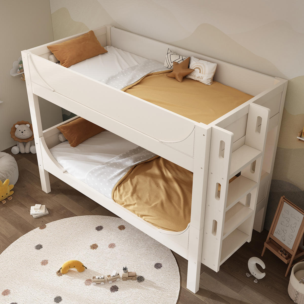 ETAGENBETT 90/200 cm trennbar mit flexibel montierbarer Leiter und Schlittenform, Weiß - Weiß, Holzwerkstoff (90/200cm) - Redom