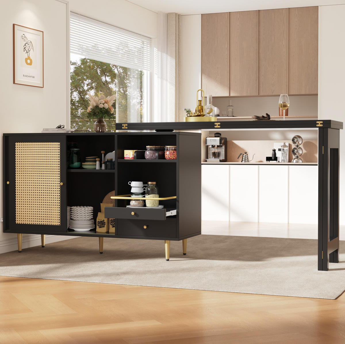 ESSZIMMERSCHRANK aus MDF 107-187x40x71-76cm in Schwarz mit 360° drehbarer Ablage - Schwarz, Holzwerkstoff (187/76/40cm) - Modfu