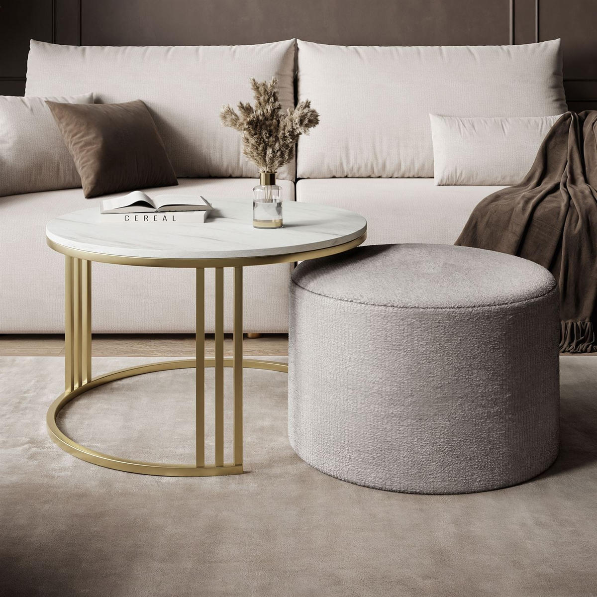 COUCHTISCH mit Hocker LORI MAT gebürstetes Gold/Marmor Levanto/Perfect Harmony 82 - Weiß, Metall (70/70/49cm) - Lookway