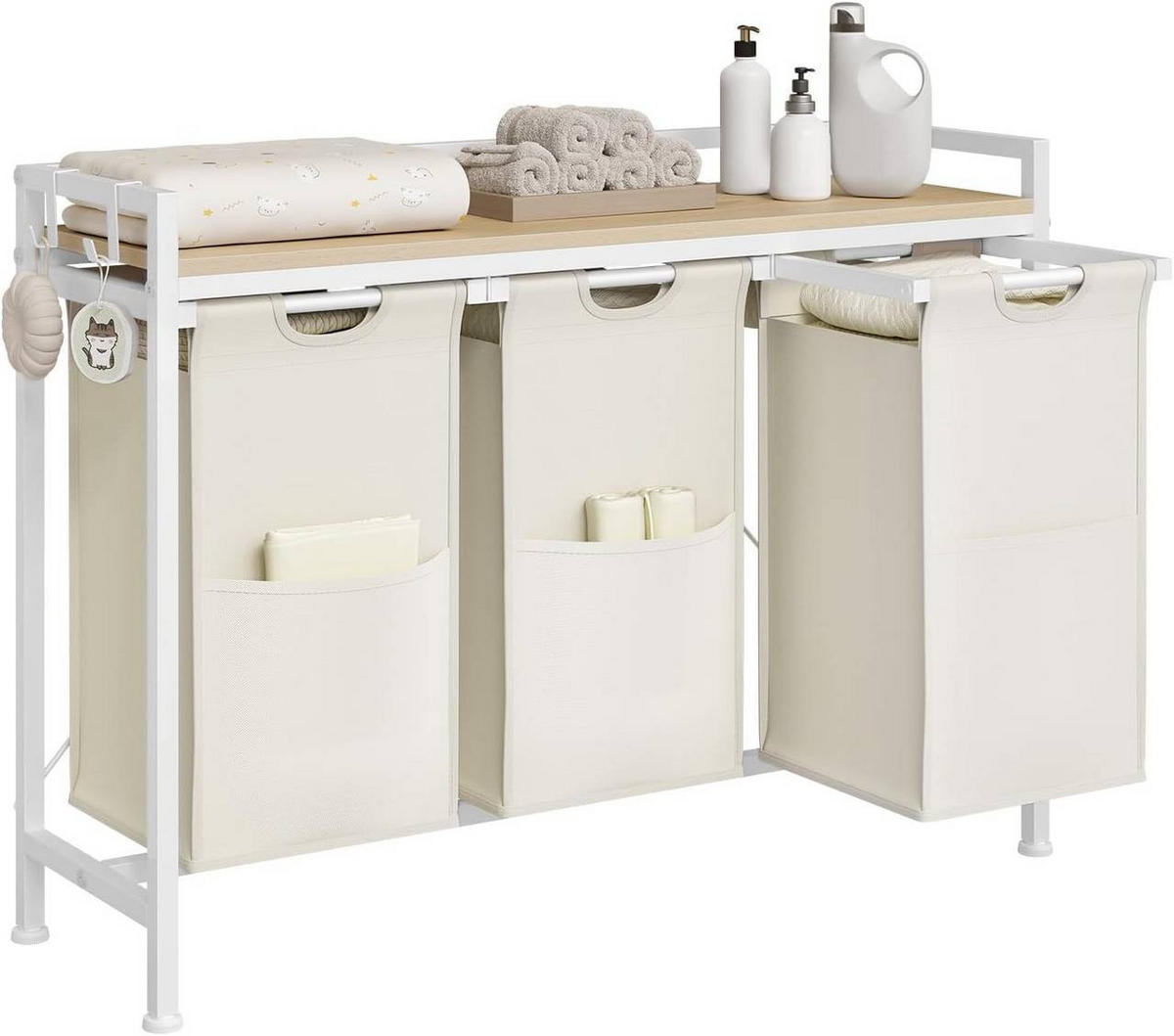 WÄSCHEKORB 3 Fächer, jedes 40 L, Weiß+Helle Eiche - Eichefarben/Weiß, Holzwerkstoff/Textil (96/71/30cm) - Woltu