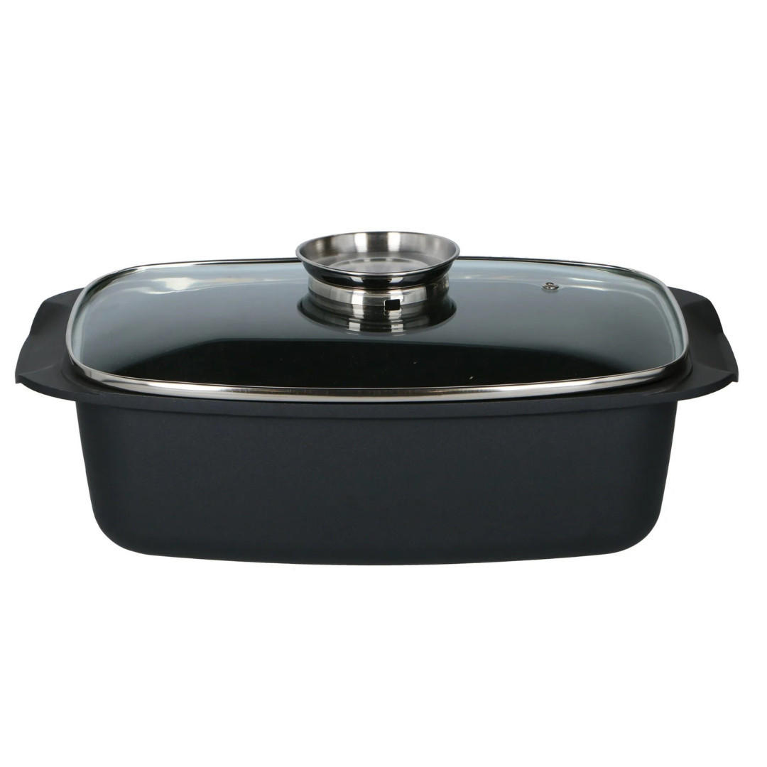 ALUGUSS BRÄTER 5,5L XXL – Rechteckiger Schmortopf mit Glasdeckel, Aromaknopf, Antihaftbeschichtung, Ofenfest, Für Backofen & Herd - Schwarz, Glas/Metall (39cm) - Alpina