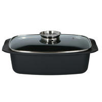 ALUGUSS BRÄTER 5,5L XXL – Rechteckiger Schmortopf mit Glasdeckel, Aromaknopf, Antihaftbeschichtung, Ofenfest, Für Backofen & Herd - Schwarz, Glas/Metall (39cm) - Alpina