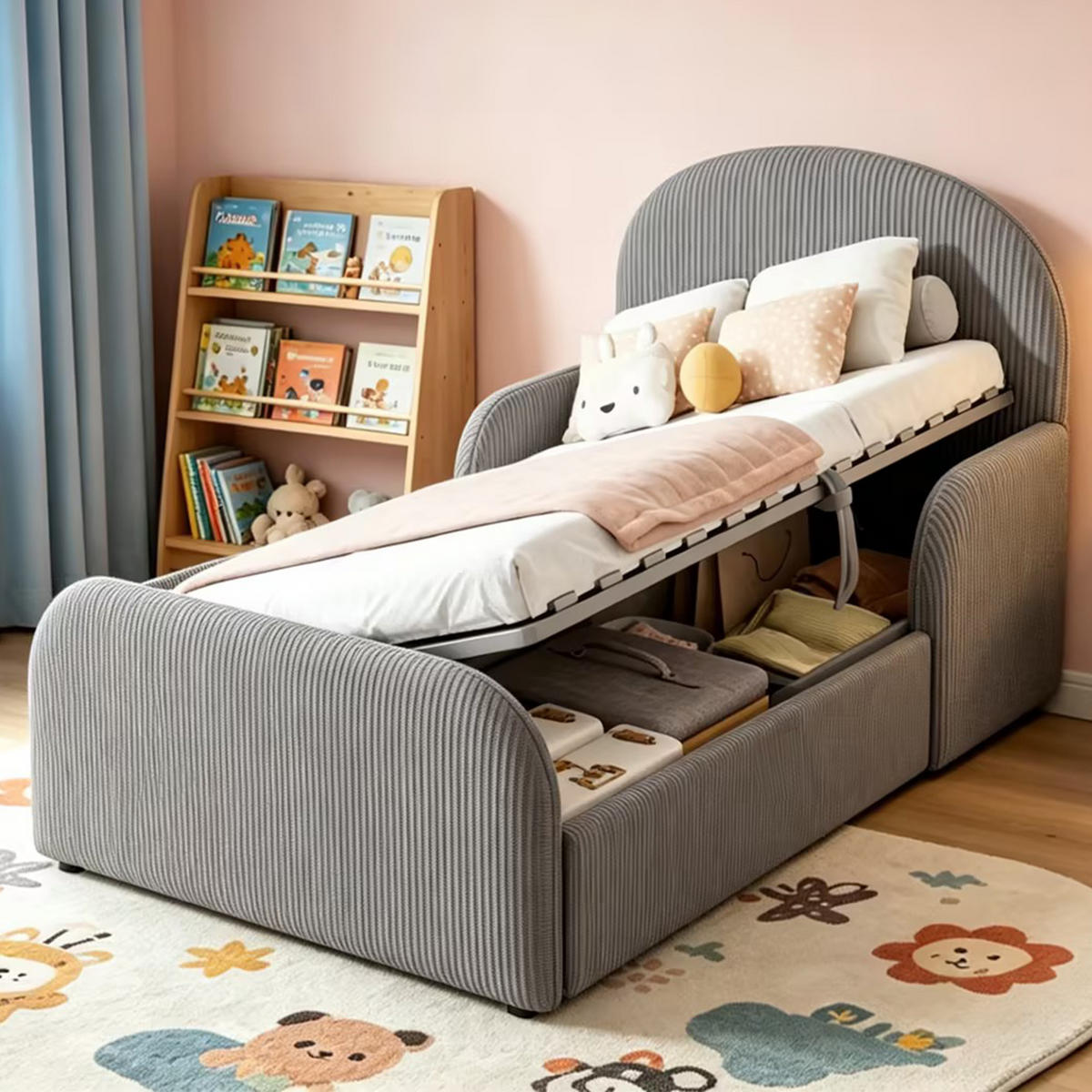 KINDERBETT mit Stauraum 90x200 cm Samt Grau - Grau, Metall (90/200cm) - Meubliv