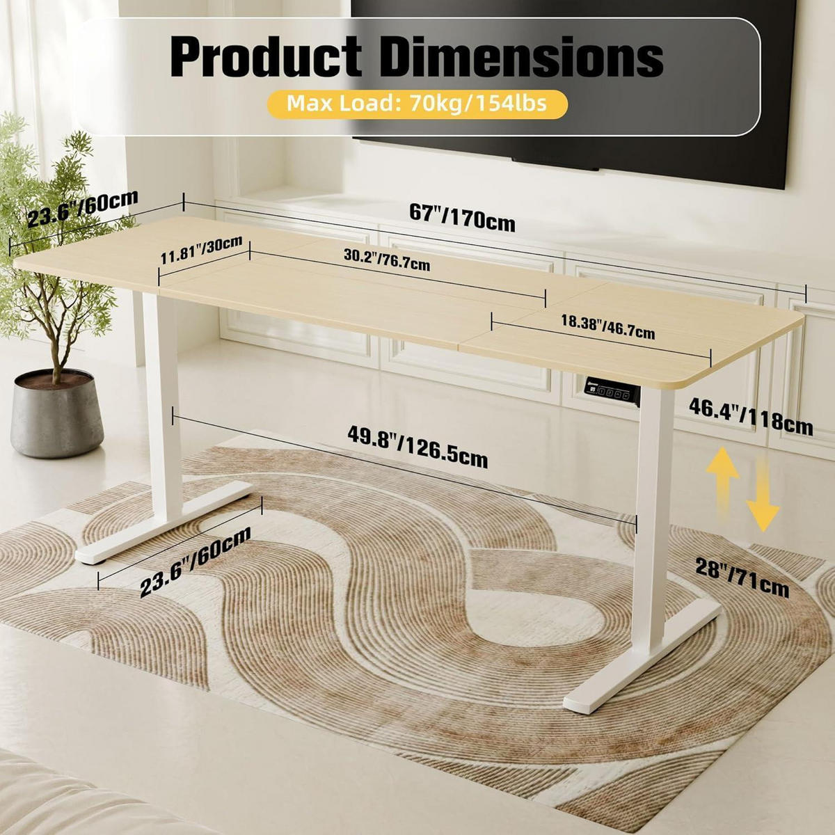 SCHREIBTISCH elektrisch höhenverstellbar 170 x 60 cm Eiche/Weiß - Weiß, Holz (60/170/71cm)