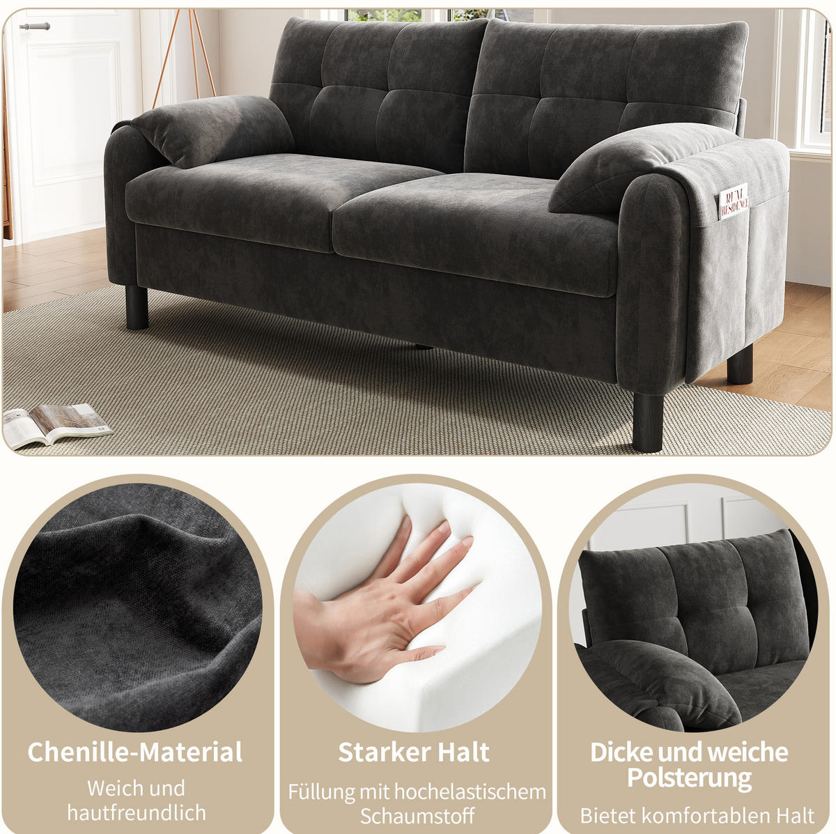 2-SITZER Sofa Chenille mit Seitentaschen und 2 Kissen 158/80/88,5 cm Grau - Grau, Textil (80/88.5/158cm) - Redom