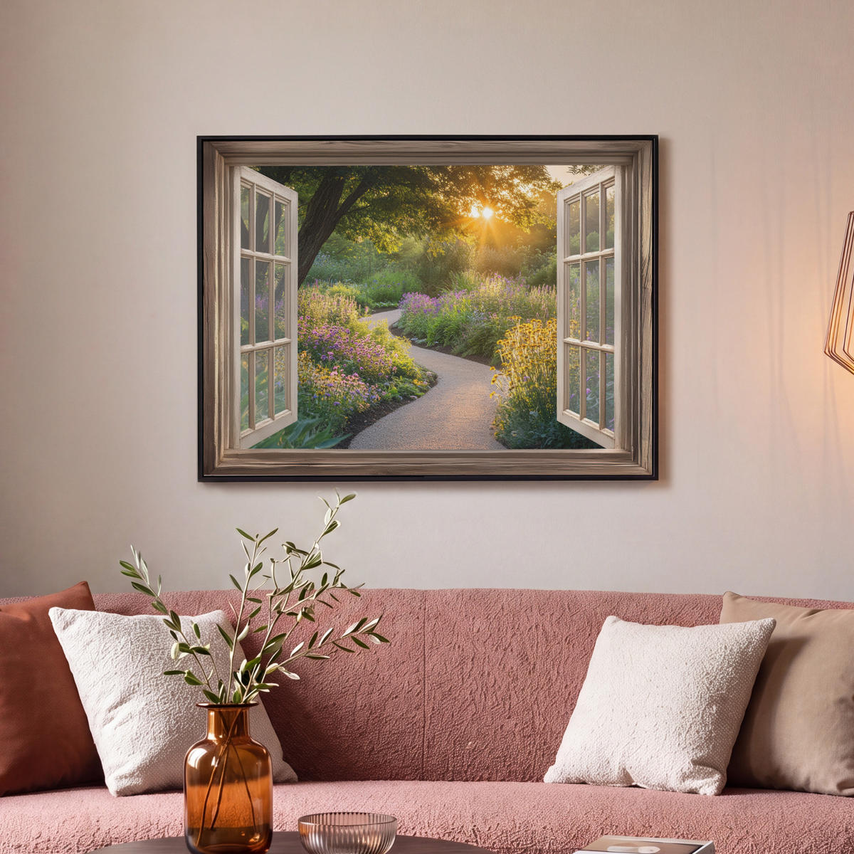 LEINWAND Bilder mit Rahmen - Aussicht - Blumen - Natur - Sonne - Weg - 70x50 - Hellgelb, Textil (70/50cm) - MuchoWow