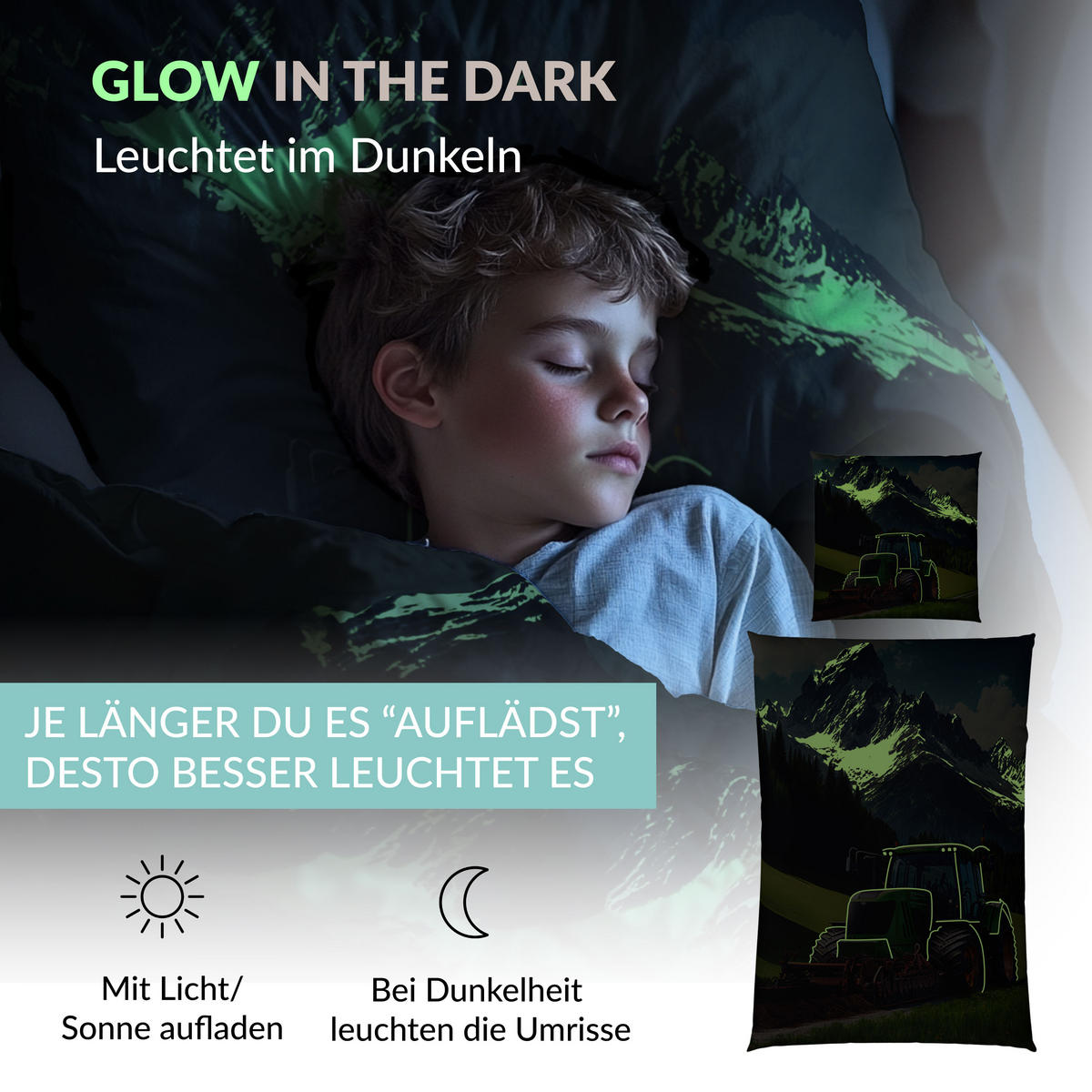 KINDERBETTWÄSCHE 135x200 cm Traktor Schlepper aus 100% Baumwolle - Leuchtet um Dunkeln - Grün, Textil (135/200cm) - Carpe Sonno
