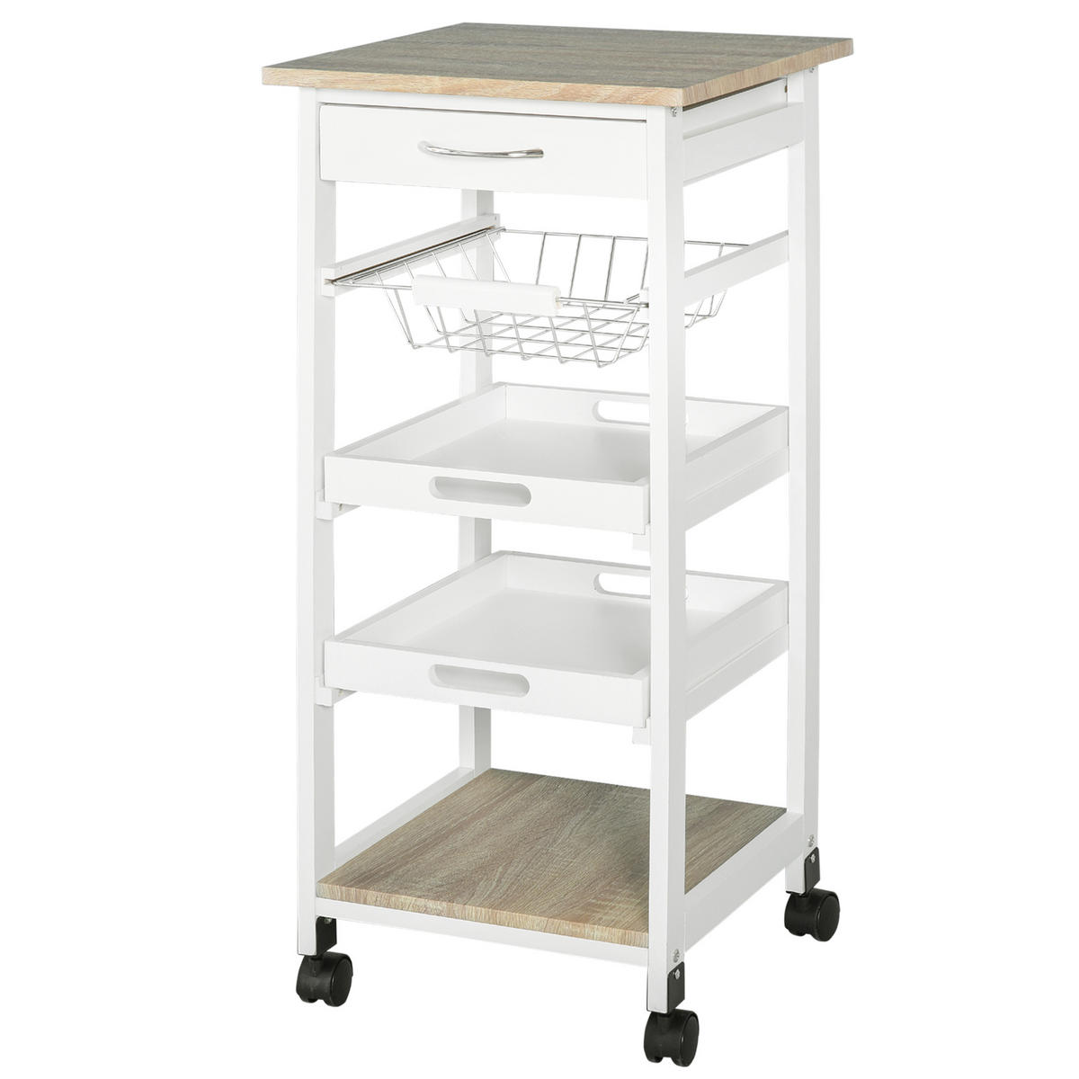 KÜCHENWAGEN, Küchenwagen mit Korb, 2 Tabletts und Schublade, helles Eichen-MDF, weißes Kiefernholz - Multicolor, Metall (37/82/37cm) - FORIOUS