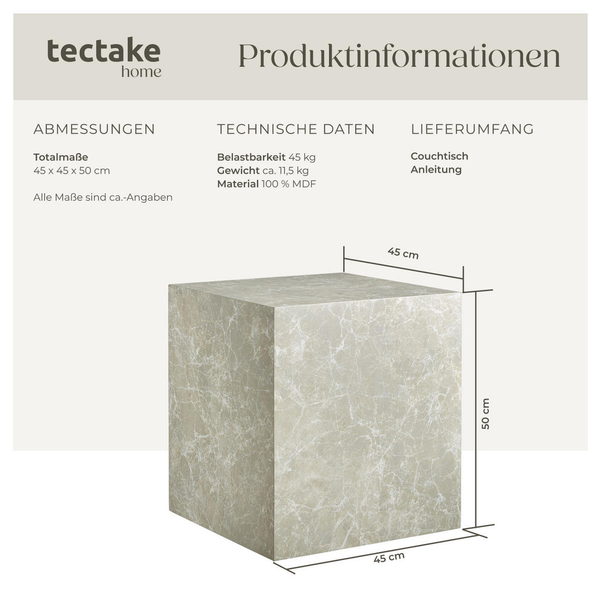 COUCHTISCH Lasley,45 x 45 x 50 cm,Travertin Optik - Beige, Holz (45/45/50cm) - tectake