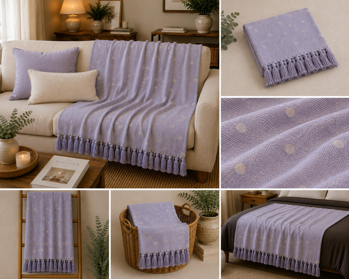 WOHNDECKE Baumwolle 130x170 cm Mit Fransen – Polka Royal/Natur - Blau, Naturmaterialien (130/170cm) - AU Maison