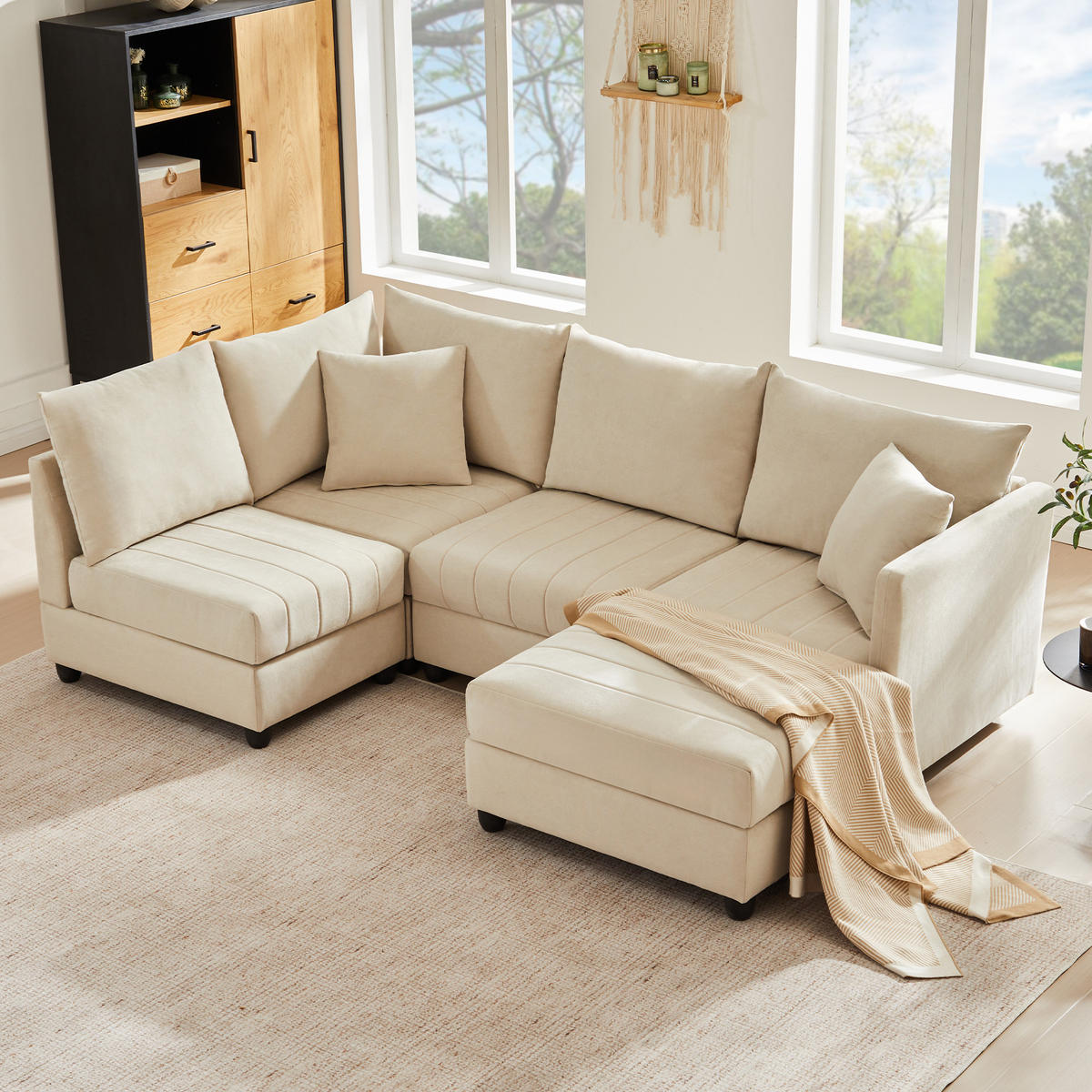 ECKSOFA 220/194/85 cm Beige aus Baumwoll-Leinen mit Ottomane - Beige, Textil (194/220cm) - OKWISH
