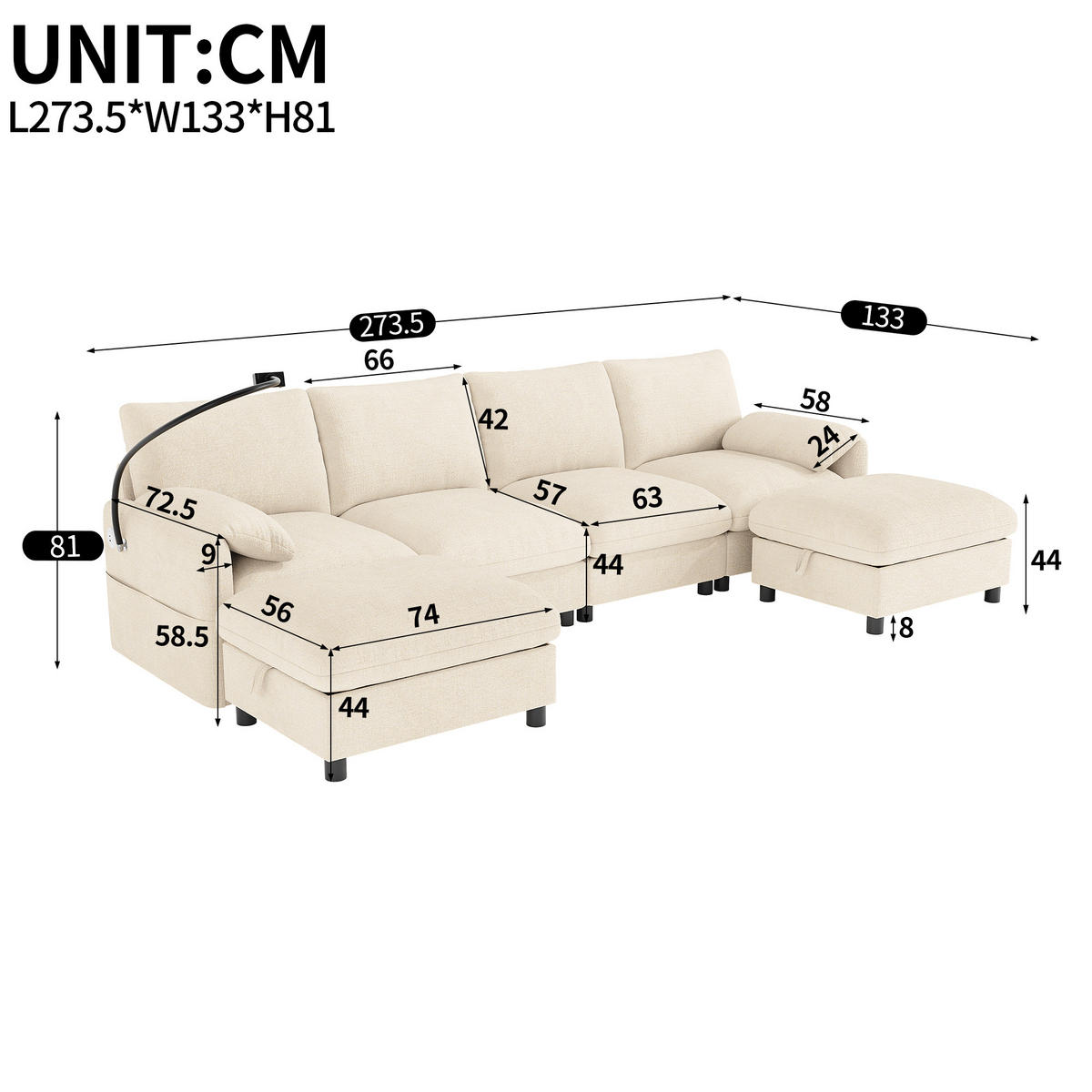 SCHLAFSOFA mit 6 Sitzen, Stauraum-Hockern, USB/Type-C und Handyhalter,Beige - Beige, Textil (273.5/81/133cm) - EVRYAE