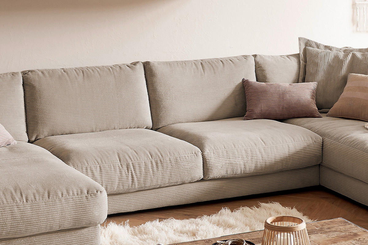 WOHNLANDSCHAFT MADELINE Taupe Cord - Taupe/Schwarz, Kunststoff/Textil (425/86/224cm) - KAWOLA