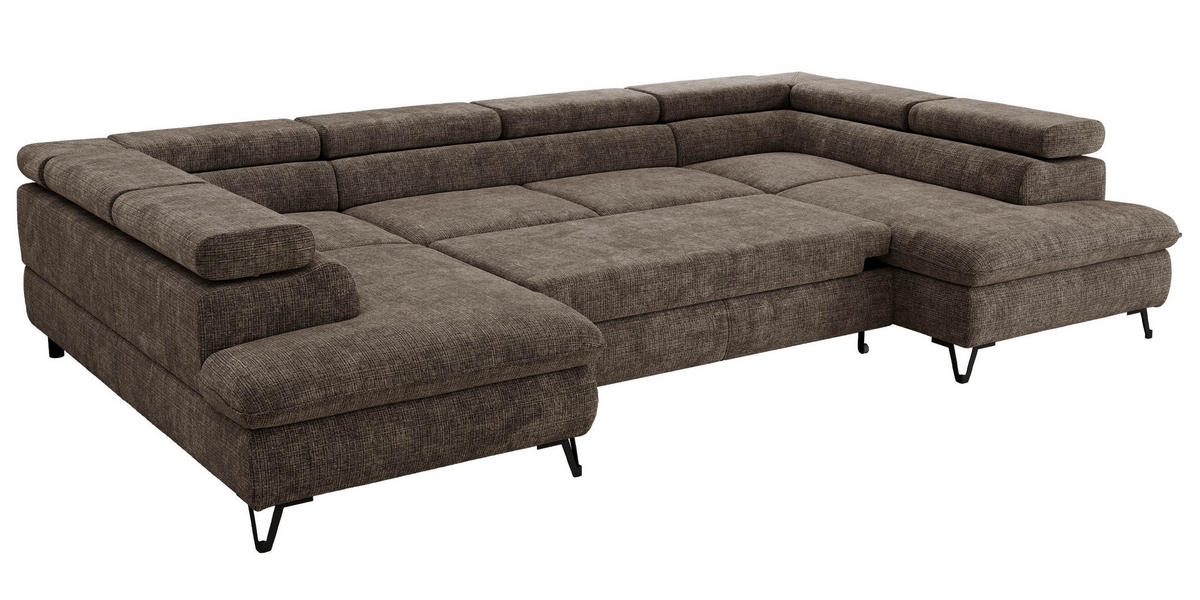 WOHNLANDSCHAFT PABLO U Schenille grob gewebt Braun mit Topper T25 - Schwarz/Braun, Textil/Metall (346/76/208cm) - MKS