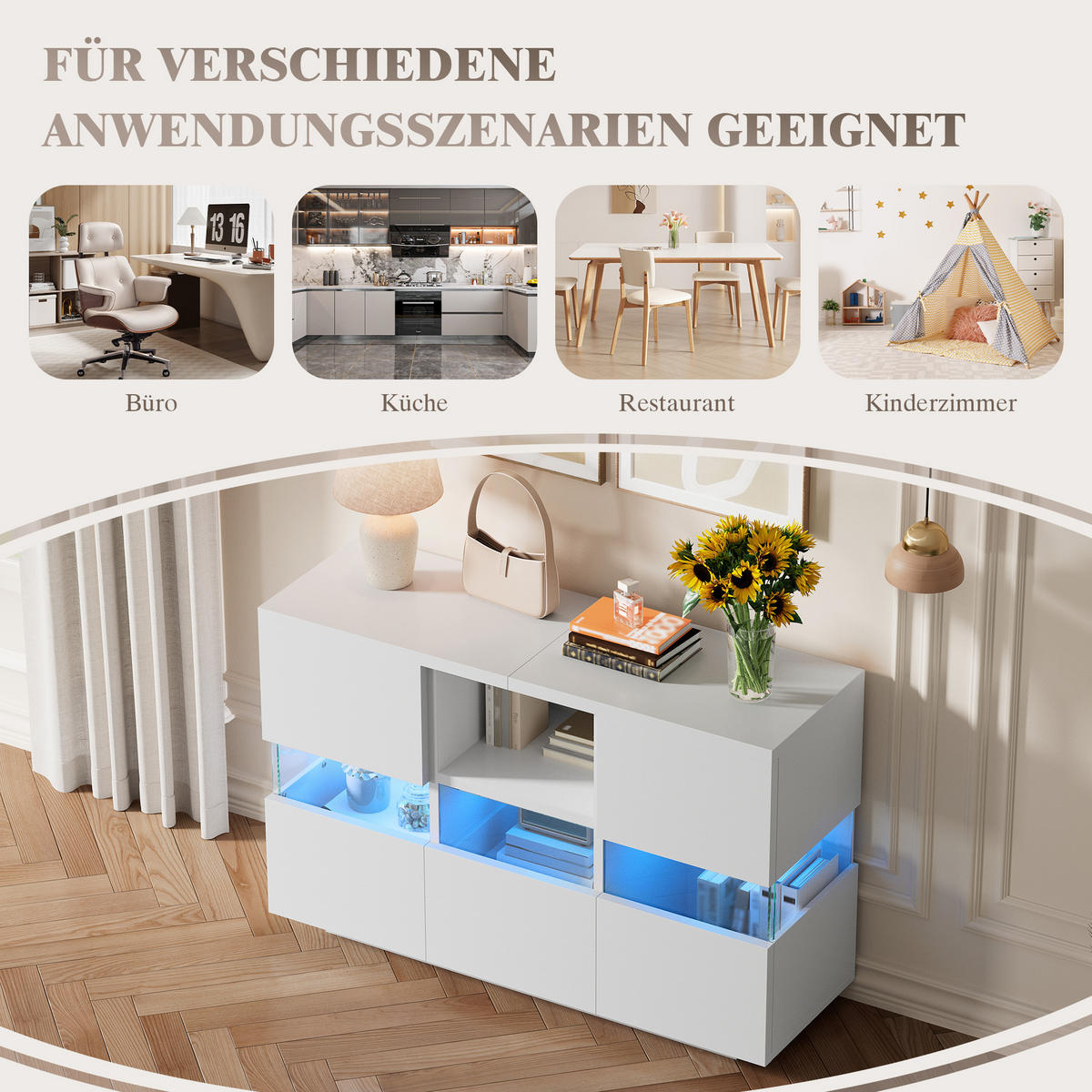 SIDEBOARD in Weiß Anrichte mit Schubladen und offenen Fächern für Wohnzimmer, B140/T35/H75 cm - Weiß, Holzwerkstoff/Metall (140/75/35cm) - STILVORA