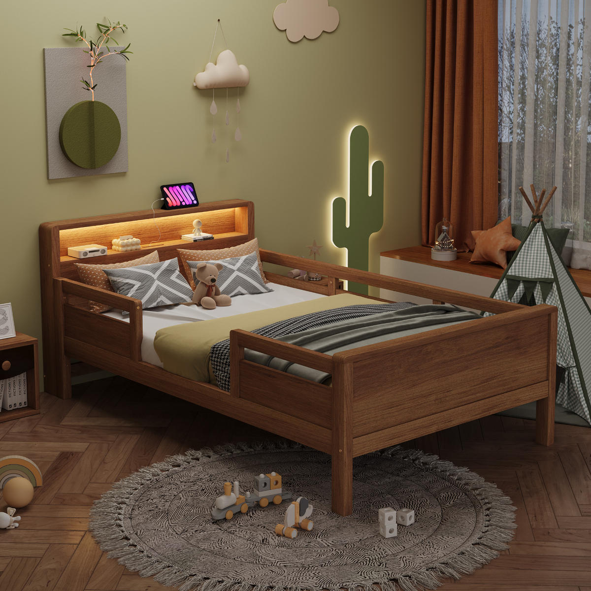 KINDERBETT 90x200cm Kiefer Holz USB LED Kopfteil Stauraum - Naturfarben, Holz (90/200cm) - FLIEKS