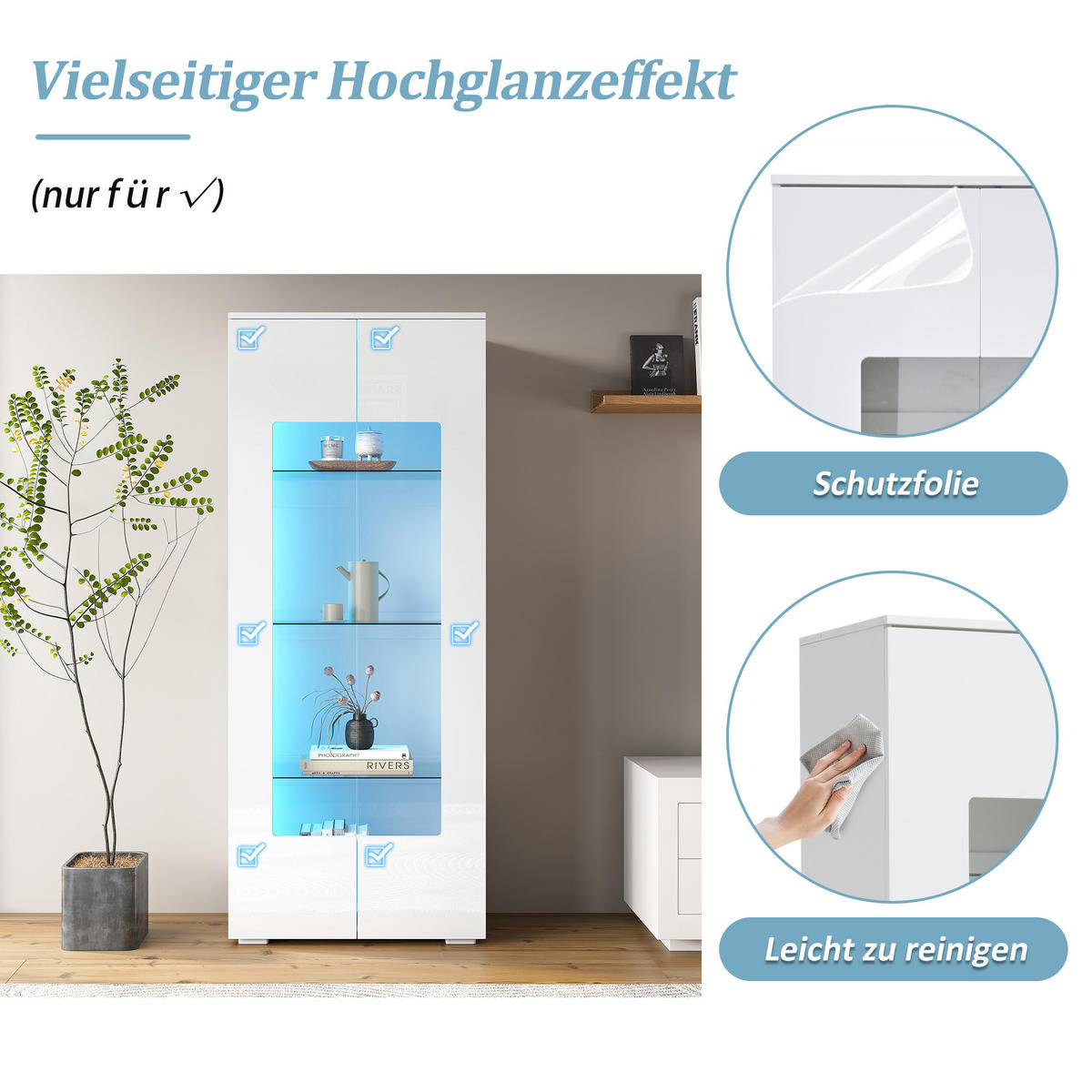VITRINE Hochglanz LED Acryltüren Gehärtetes Glas Weiß - Weiß, Holzwerkstoff (70/173/40cm) - FLIEKS