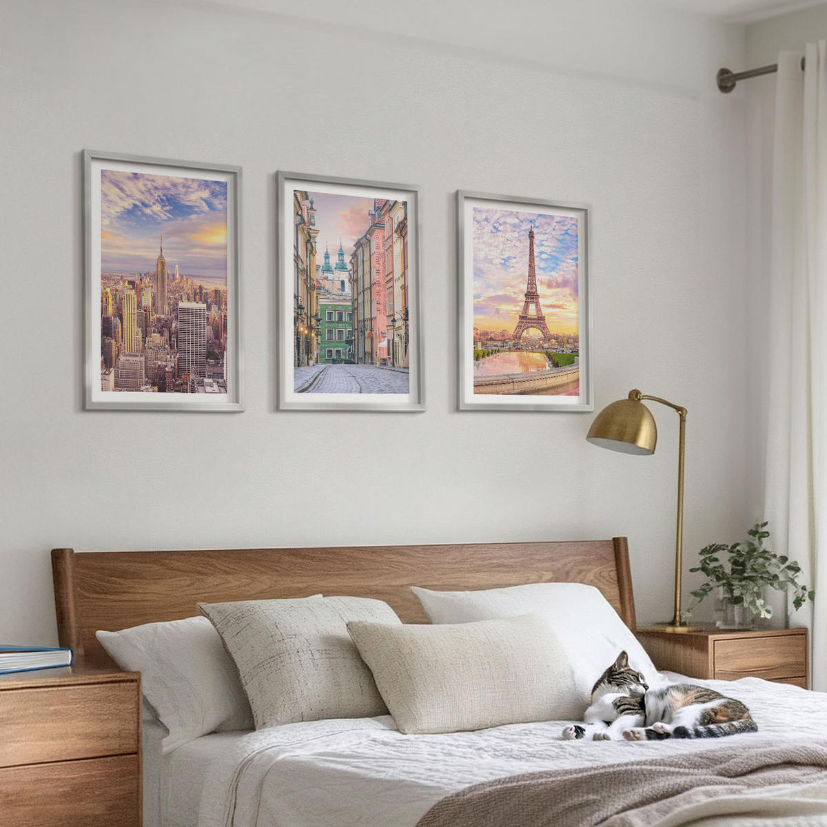 WANDBILDER 3er Set - 40x60 cm Silberner Rahmen - Städte New York Paris Dämmerung - Silberfarben, Kunststoff (40/60cm) - ArtPrintCave