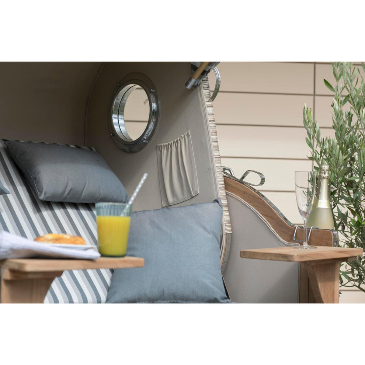 STRANDKORB Düne 2-Sitzer Teak Shell Bullauge - Braun/Grau, Holz/Metall (125/170/80cm) - Mr. Deko