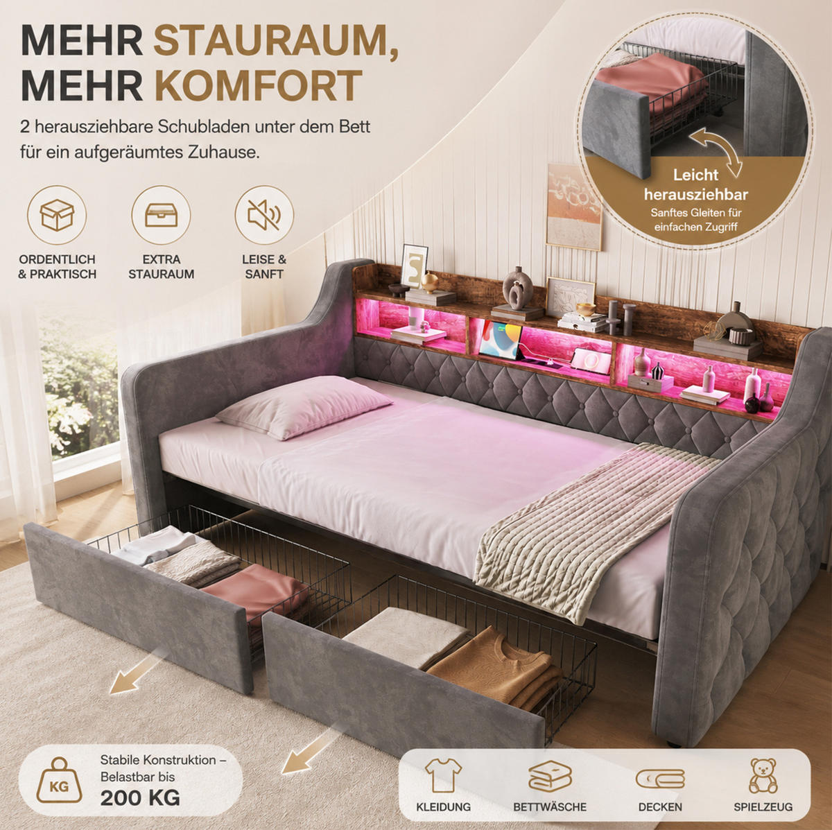 POLSTERBETT aus Velvet 90x190 cm Dunkelgrau mit LED-Beleuchtung, Ladeanschlüssen und 2 Schubladen - Dunkelgrau, Textil (90/190cm) - Modfu