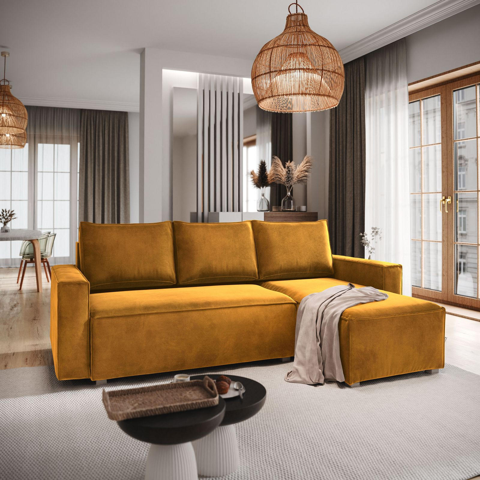 ECKSOFA SILES Gelb Velours-Stoff mit Schlaffunktion - Gelb, Holz (230/140cm) - MASSENO