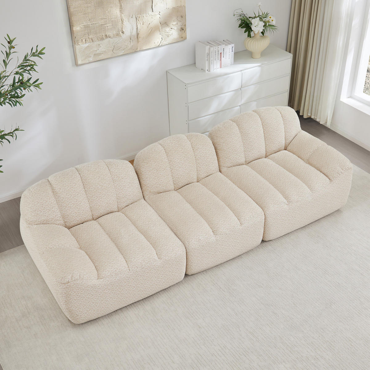 SOFA in Beige Weiß aus Granuliertem Fleece mit Ottomane - Beige, Textil (104/79/288cm) - Flora Grace
