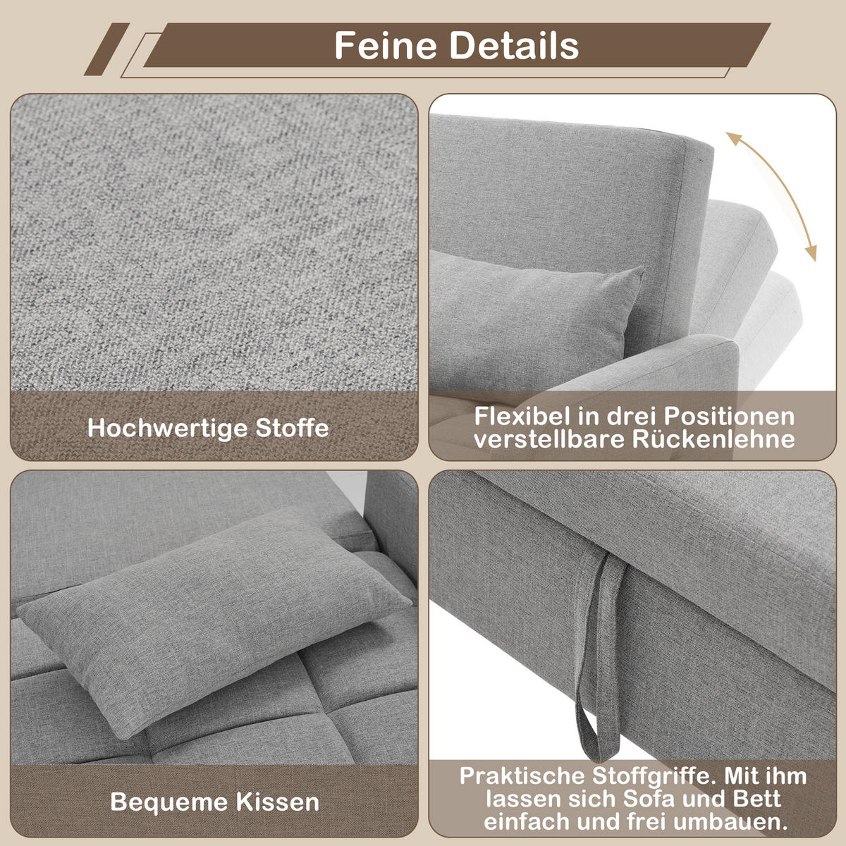 SOFA Klappsofabett Verstellbarer Rücken Multifunktional Kleinwohnung 180x127cm - Grau, Holz (109.22/16.51/57.15cm) - FLIEKS