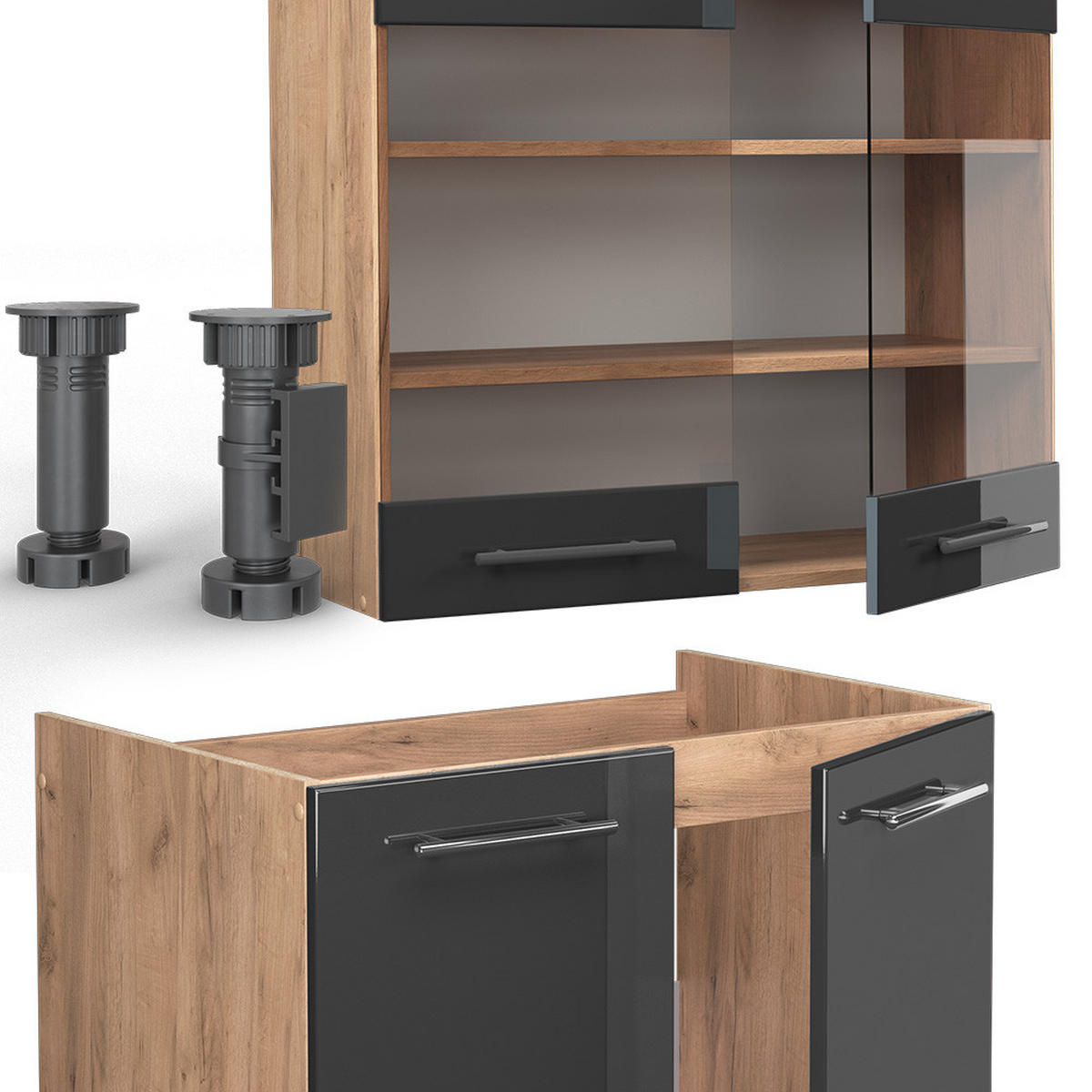 KÜCHENZEILE Fame-Line Anthrazit Hochglanz/Goldkraft Eiche 235 cm AP Anthrazit - Anthrazit/Eiche Wotan, Holzwerkstoff (235/81.6/60cm) - Vicco