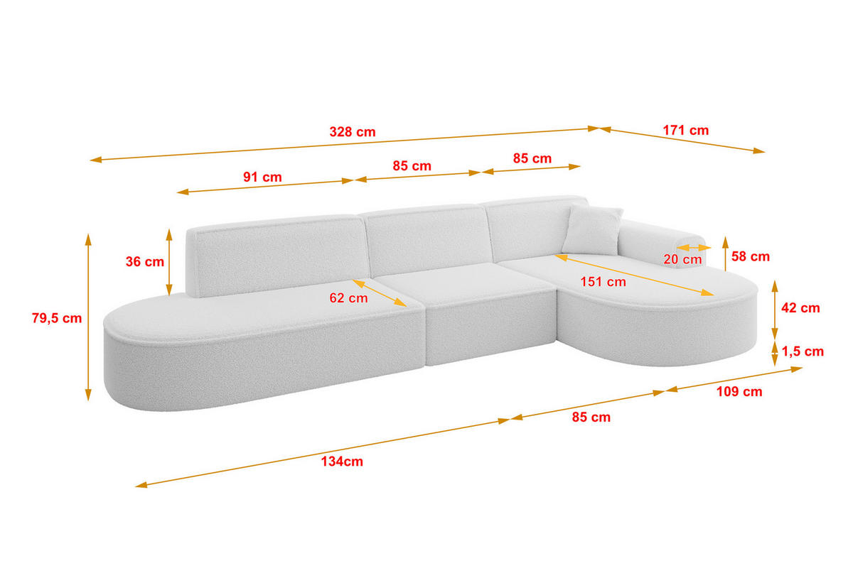 ECKSOFA Ottomane Rechts MARI-L2 - 328x171x79 cm Weiß Bouclé - Schwarz/Weiß, Holzwerkstoff/Kunststoff (171/328cm) - ALTDECOR