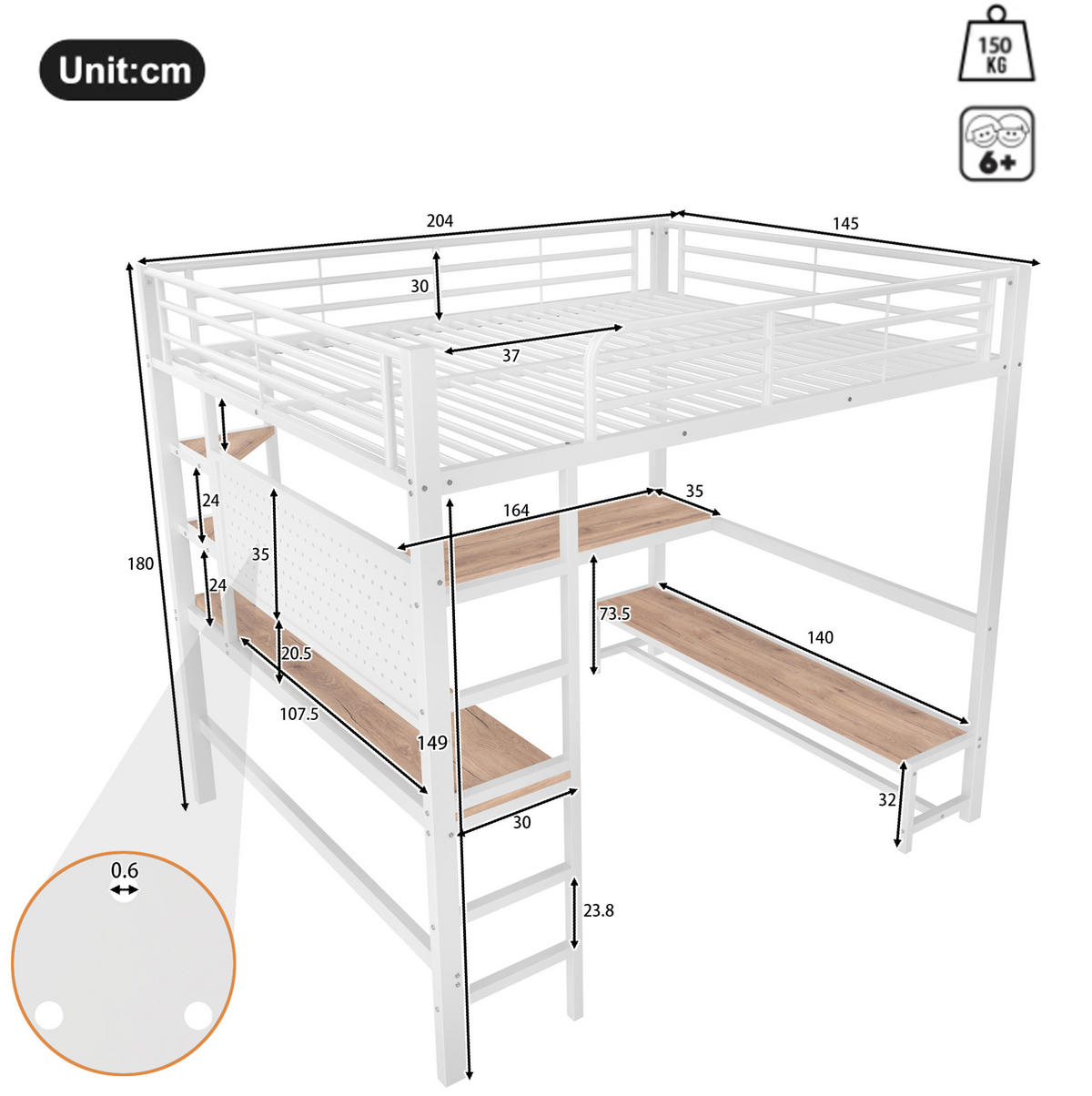 HOCHBETT 140/200 cm aus Metall mit Schreibtisch, LED-Leiste und USB-Typ-C-Anschluss Weiß - Weiß, Metall (140/200cm) - Modenvie