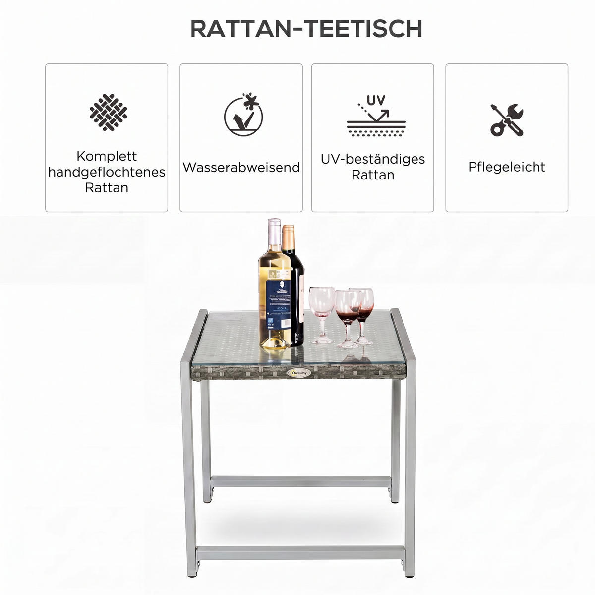 CARTENTISCH, Grau, Polyrattan, Aluminium, Hartglas - Grau, Kunststoff (50/495/50cm) - Outsunny