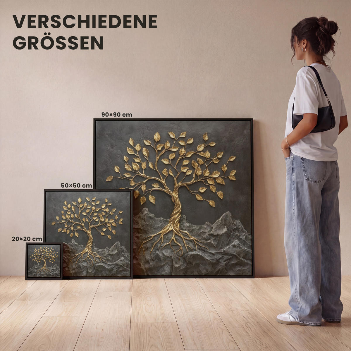 LEINWAND Bilder mit Rahmen - Blätter - Gold - Baum - Fels - 20x20 - Schwarz, Textil (20/20cm) - MuchoWow