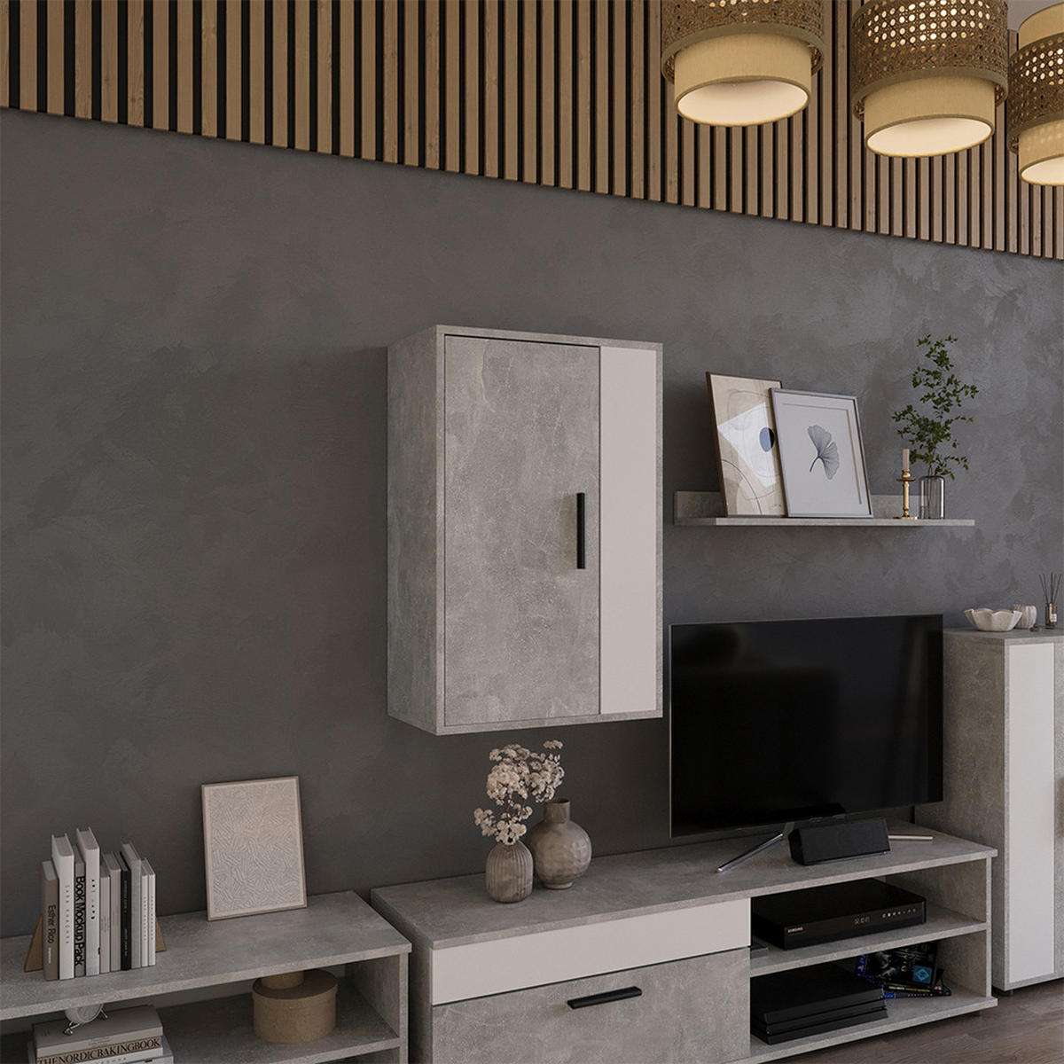 NÁSTĚNNÁ POLICE Berno Beton/bílá - šedá/bílá, kompozitní dřevo (50.1/78.4/28.3cm) - Vicco