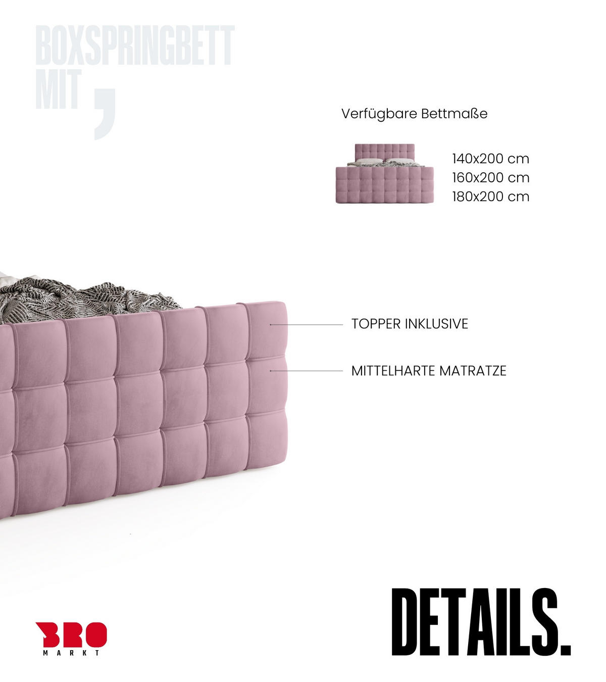 BOXBETT Detroit Duo mit Topper 160/200 Puderrosa - Rosa, Textil (160/200cm) - Bromarkt