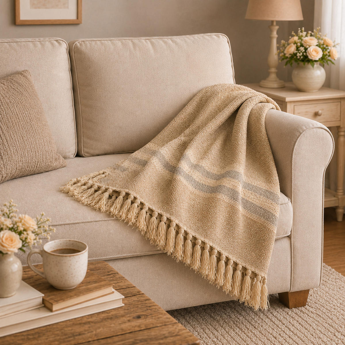 WOHNDECKE Baumwolle 130x170 cm Mit Fransen – Sand/Light Blue - Multicolor, Naturmaterialien (130/170cm) - AU Maison