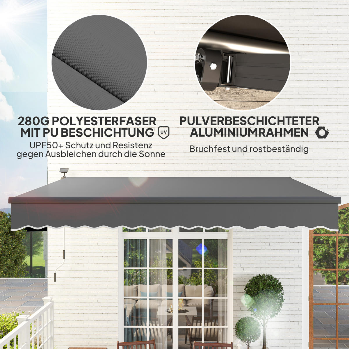KLEMMMARKISE mit Handkurbel Solar-Lichte Gelenkarmmarkise Markise Sonnenschutz UV 50+ 400 cm breit Grau - Grau, Metall (395/150/300cm)
